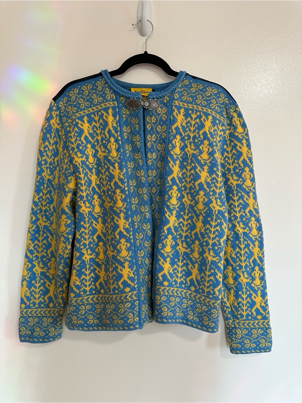 Kiina Kilgren Cotton Nordic Sweater, Blue and Yellow Print, Metal Clasp, Large